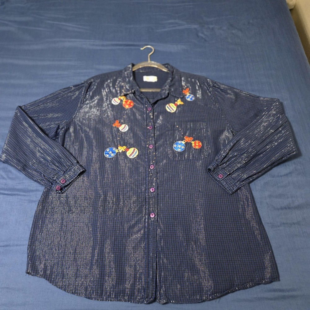 Bobbie Brooks Shirt Womens 2X Blue Striped Embroidered Christmas‎ Ornament Top